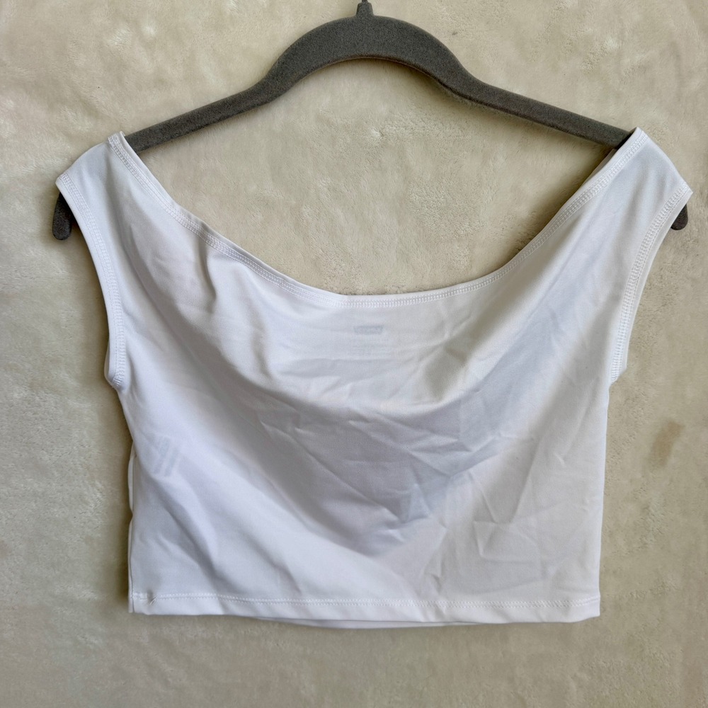 Levi's Womens Graphic Bardot Tank Top Bright White Off Shoulder Crop Size M - Picture 2 of 7